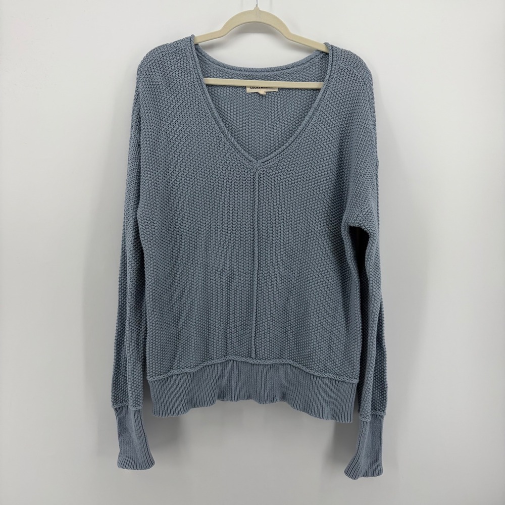 Lucky Brand Womens Small Blue Sweater V-Neck Shaker Stitch Cotton Blend